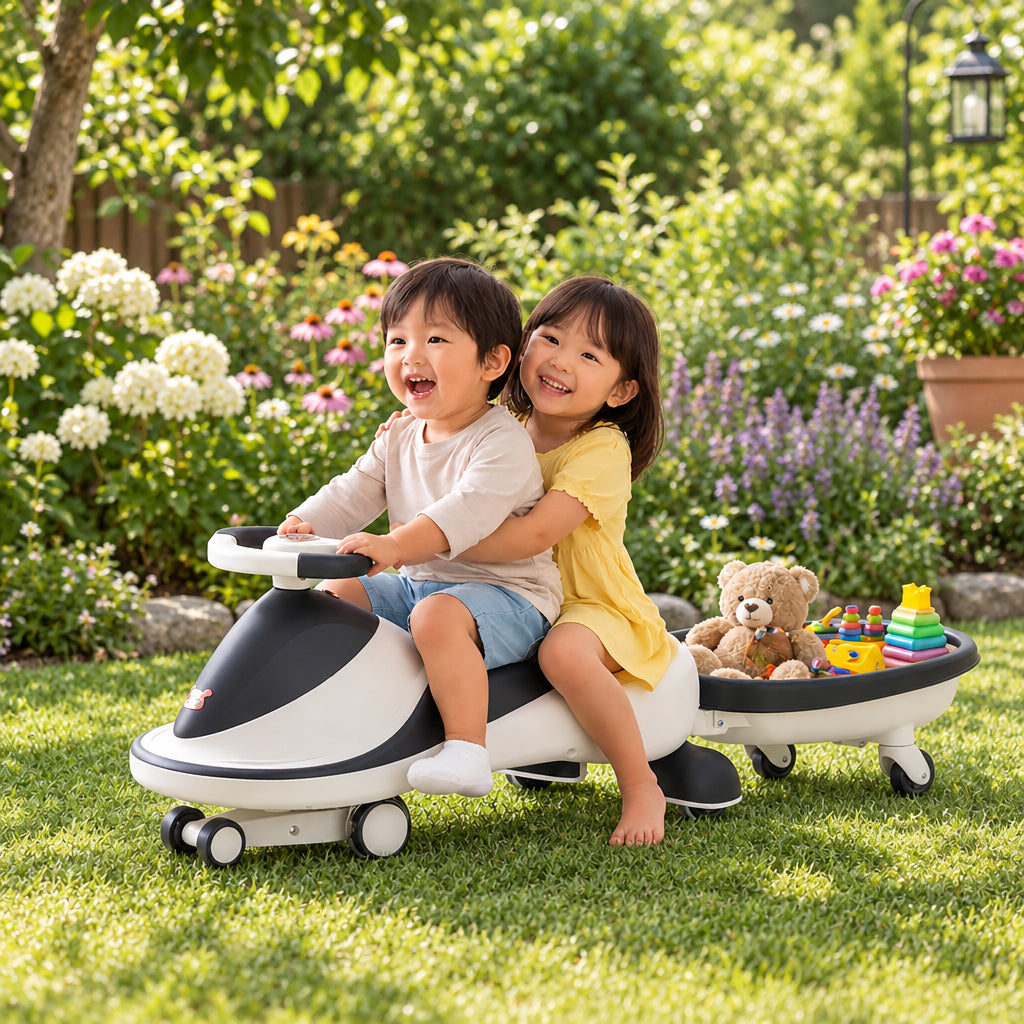 Two children riding a white and black motorized toy rattle-train ride-on in a bright, modern living room. The child in front holds the steering wheel, while the child behind sits on the seat.