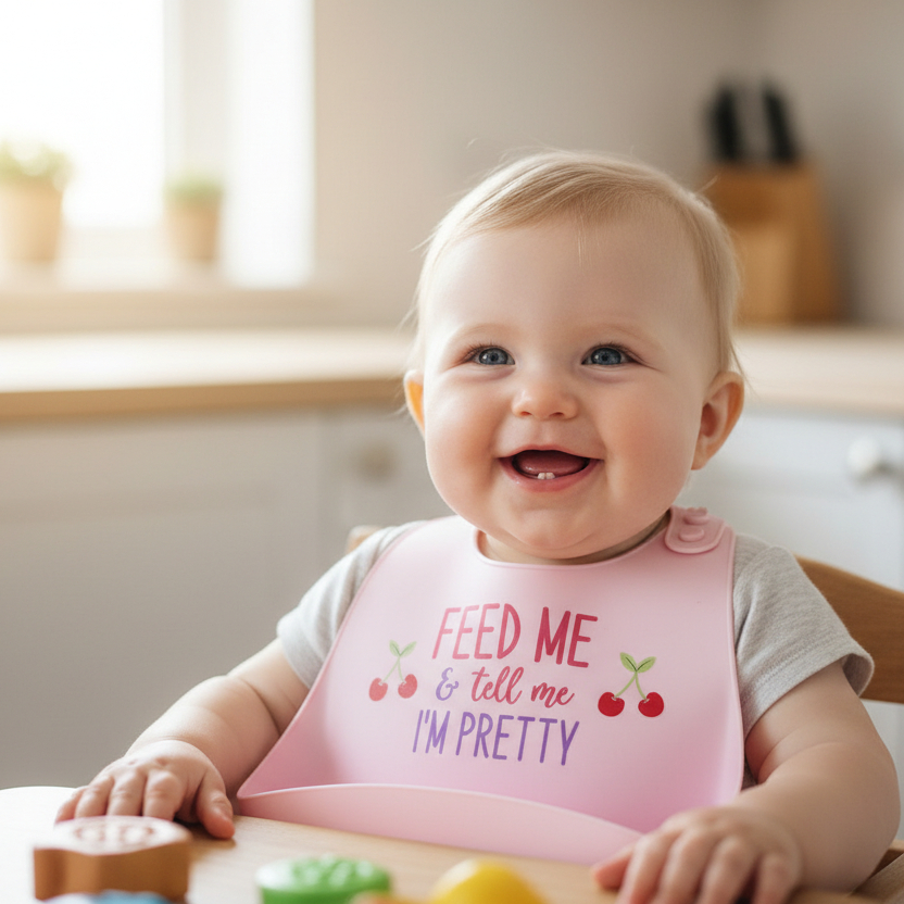 A smiling baby sitting in a wooden high chair wearing a pink bib with the text 'FEED ME & tell me I'M PRETTY' decorated with cherry illustrations, in a bright kitchen setting.