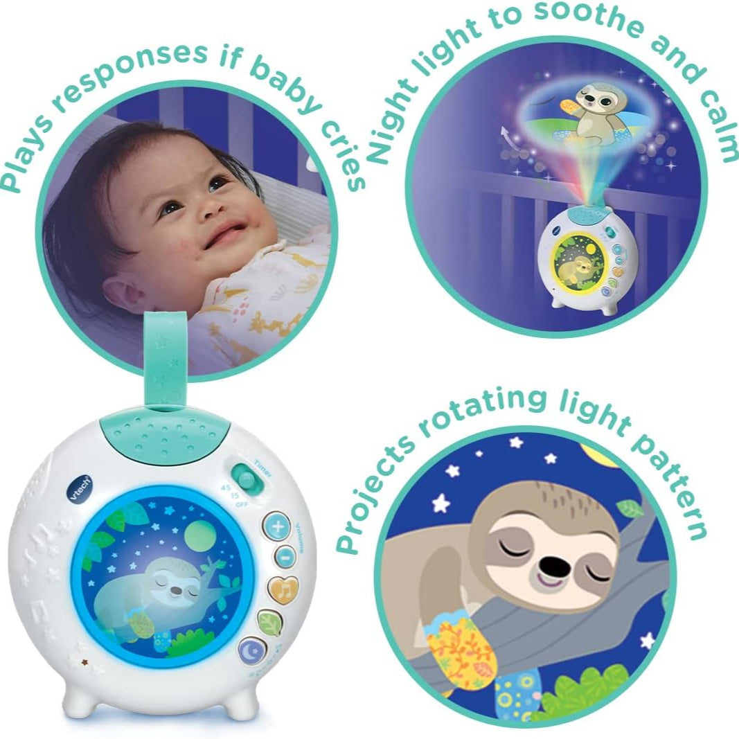 Baby comfort toy with sloth design, night light, and soothing features.