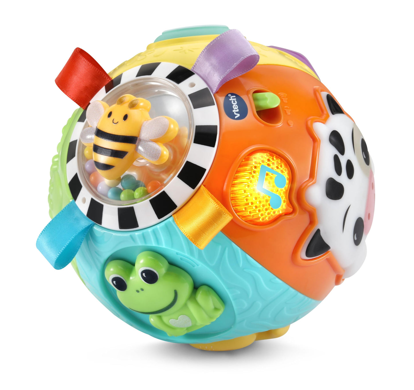Colorful baby toy ball with various shapes and animals on a white background