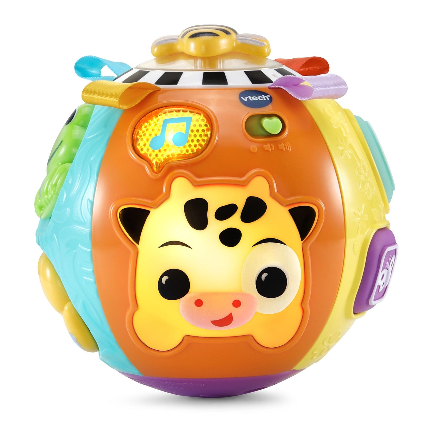 Colorful VTech toy ball with a tiger face on a white background