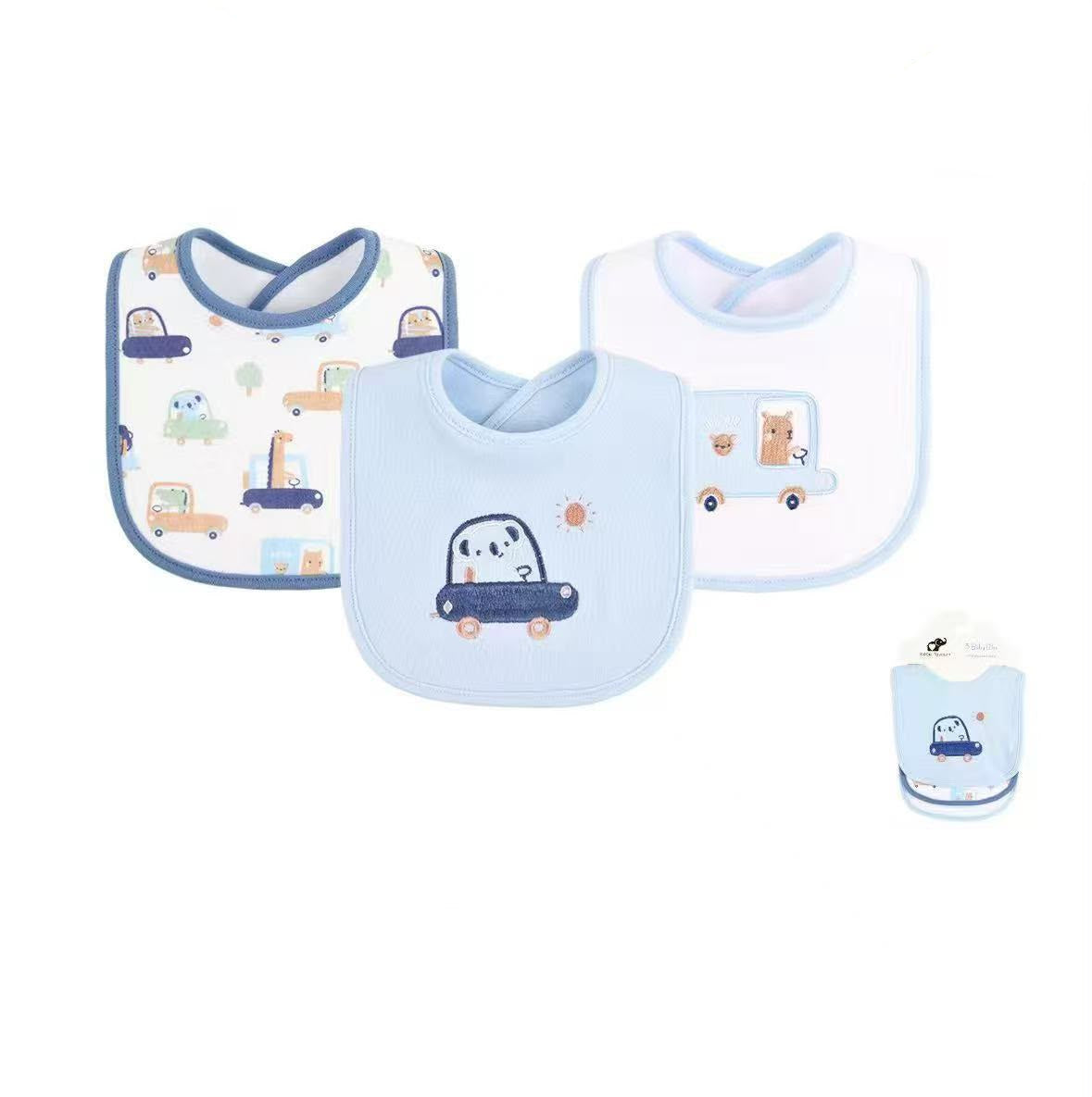 Three baby interlock bibs in a light blue, white, and navy blue colorway with cartoon car prints, displayed on a white background with product specifications and branding.