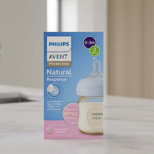 A Philips Avent Natural Response PPSU baby bottle package or display card featuring a large baby bottle illustration on a blue and pink background with product callouts.