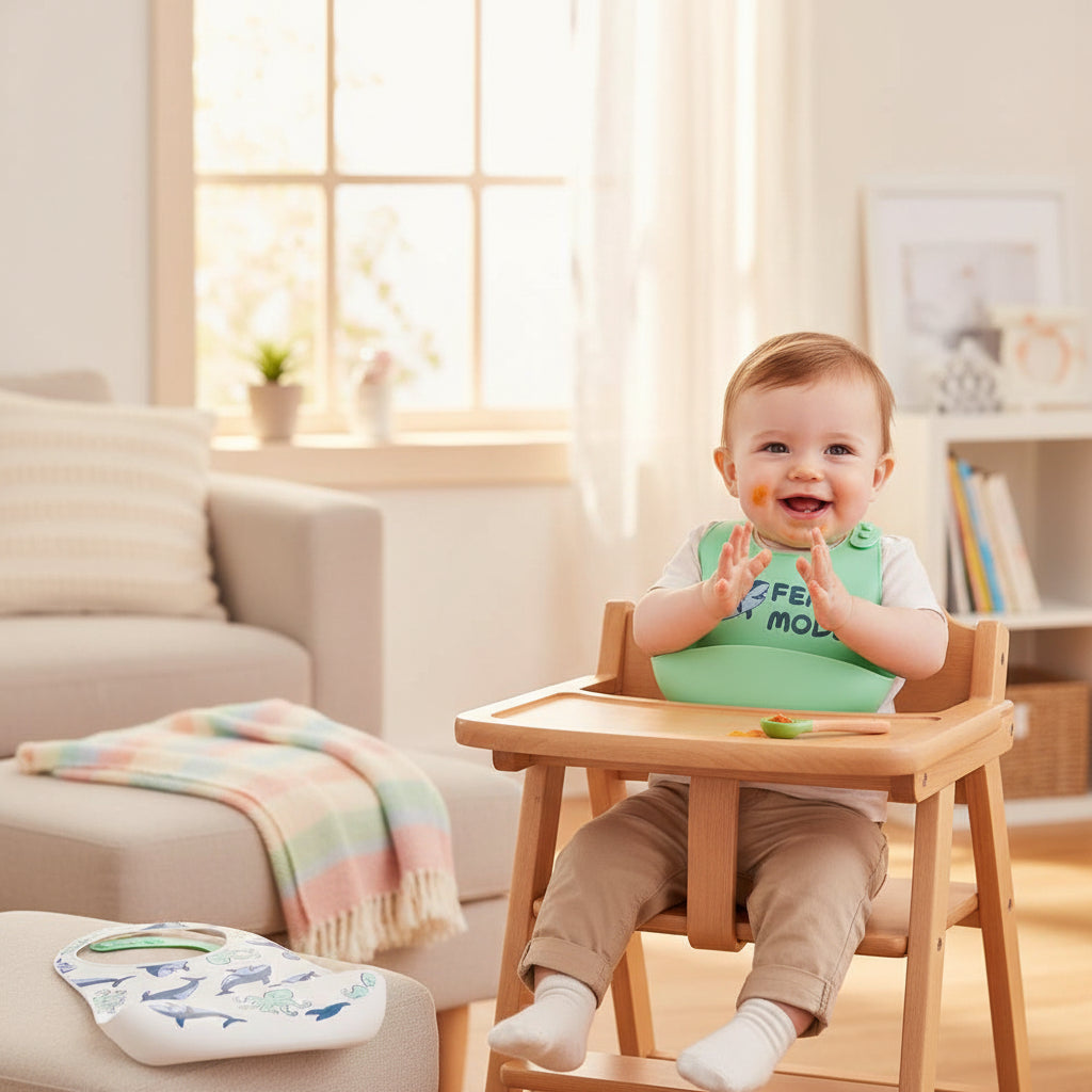 Two silicone baby bibs on a white background with product text and a small packaged view. One bib is white with blue dolphin and octopus prints, and the other is mint green with a large blue 'FEAST MODE' print.