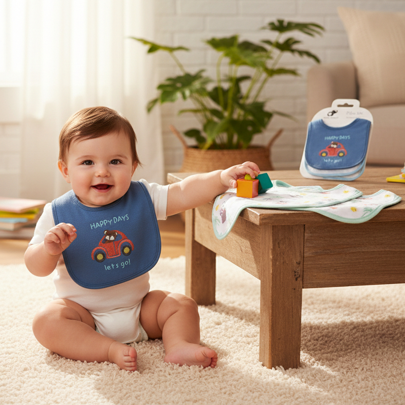 A baby sitting on a cream rug in a bright living room, wearing a blue bib with a cartoon car and the words 'happy days let's go'. The baby is holding a small toy next to a wooden coffee table that holds a matching blue diaper bag and a folded cloth.