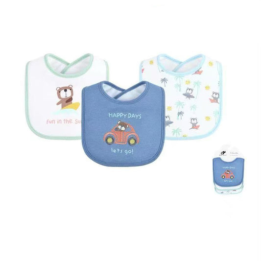Three baby bibs shown on a white background with product text and a small packaged view. The center bib is blue with a cartoon car and the words 'HAPPY DAYS let's go'; the left bib is white with pale green trim and a bear graphic; the right bib is white with pale blue trim and animal graphics.
