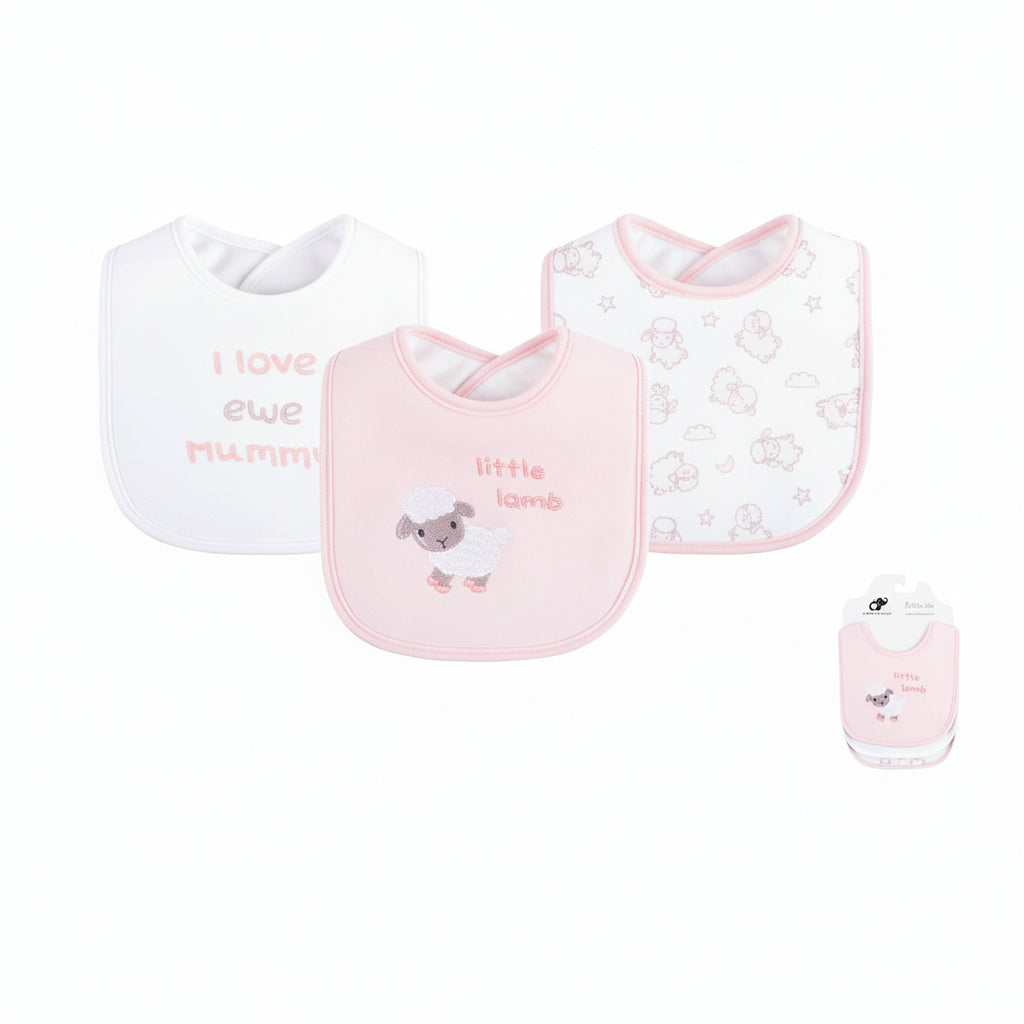 Three baby interlocking bibs in a white and light pink set, displayed on a white background with product specifications and a brand logo. The center bib is light pink with a lamb graphic and the text 'little lamb', the left bib is white with 'I love ewe Mummy' text, and the right bib is white with a cloud pattern and pink border.