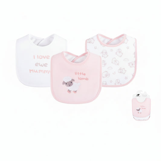 Three baby interlocking bibs in a white and light pink set, displayed on a white background with product specifications and a brand logo. The center bib is light pink with a lamb graphic and the text 'little lamb', the left bib is white with 'I love ewe Mummy' text, and the right bib is white with a cloud pattern and pink border.