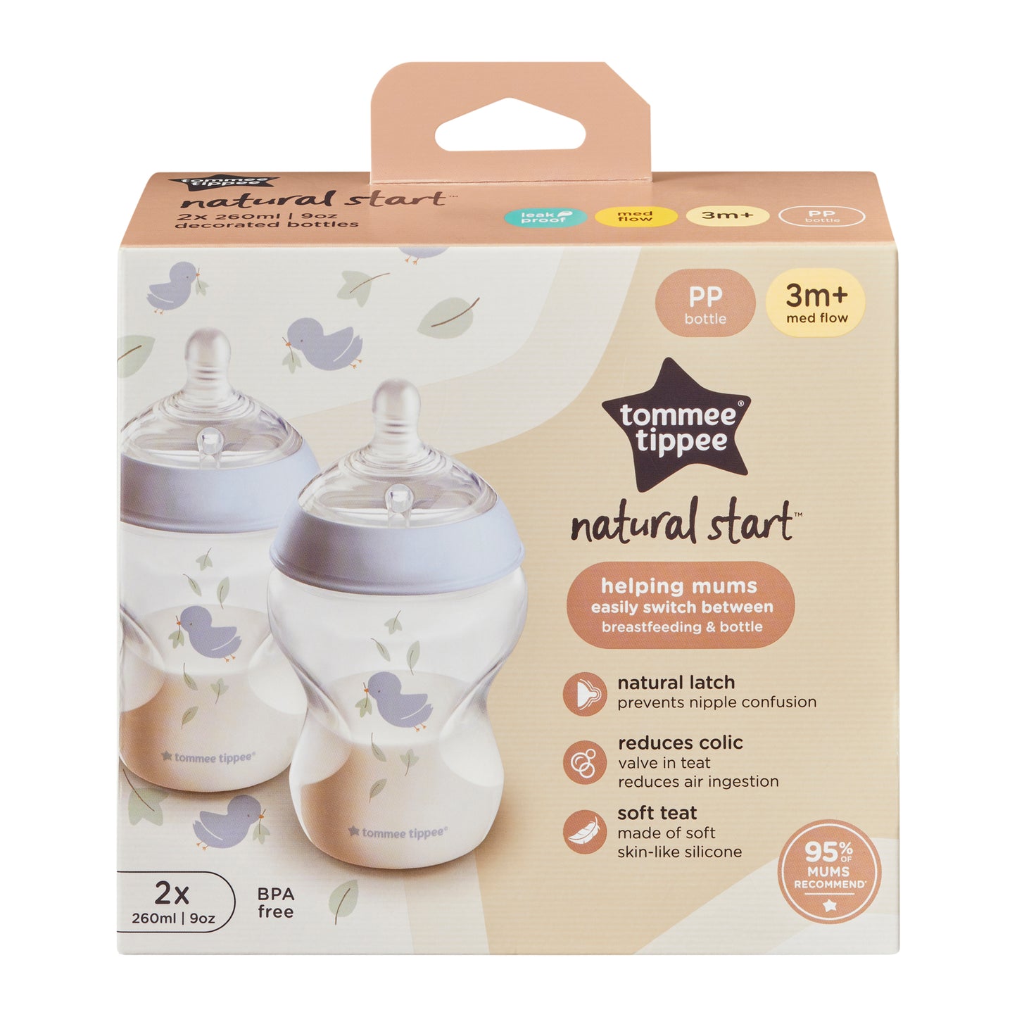 Tommee Tippee Natural Start Decor PP Bottle with M Teat 260ml (2 Pack) - Assorted Colours