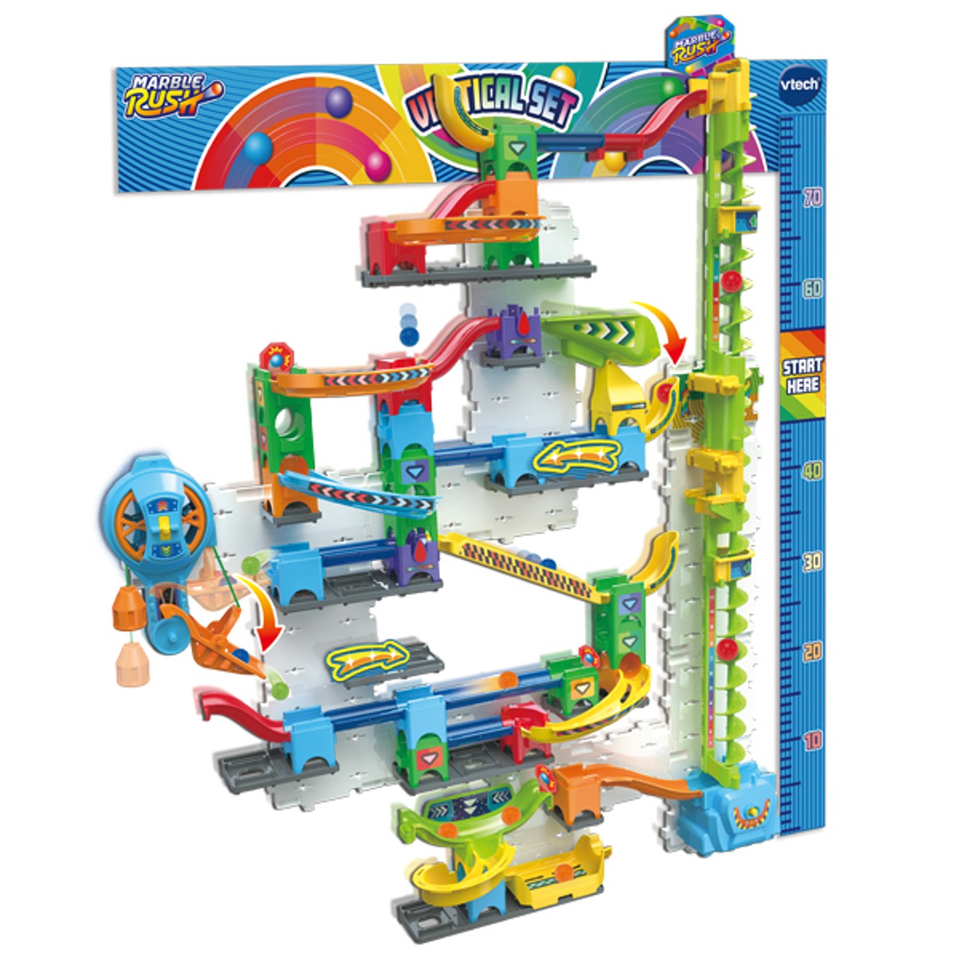 Toy marble run set with colorful tracks and Vtech branding on a white background