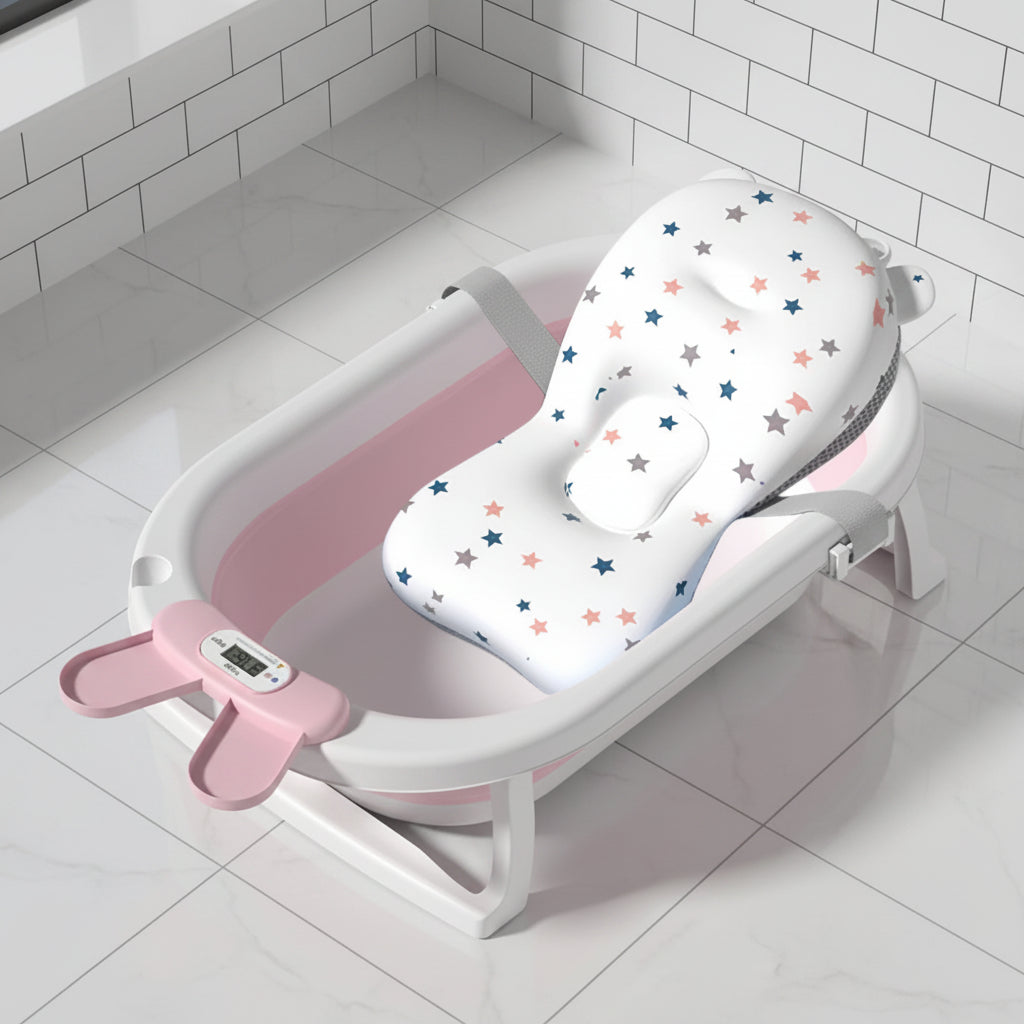 Haly Collapsible Bath Tub W/Thermometer + Bath Support – Pink