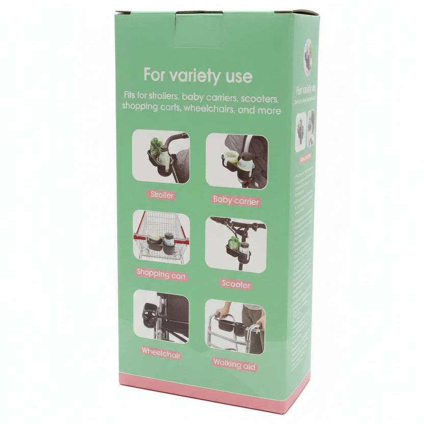 A mint green product box for a car seat accessory, photographed in a retail store. The box features white text reading 'For variety use' and six small inset photos showing the product mounted on strollers, baby carriages, shopping carts, scooters, wheelchairs, and rocking chairs.