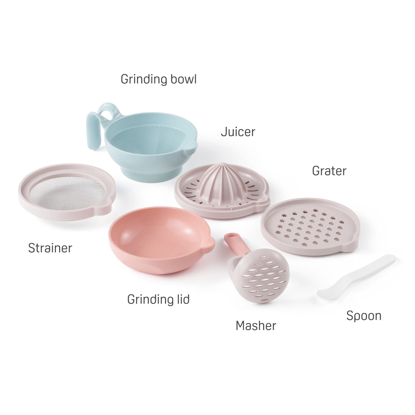 Baby food grinder, masher and bowl, and microwave steamer