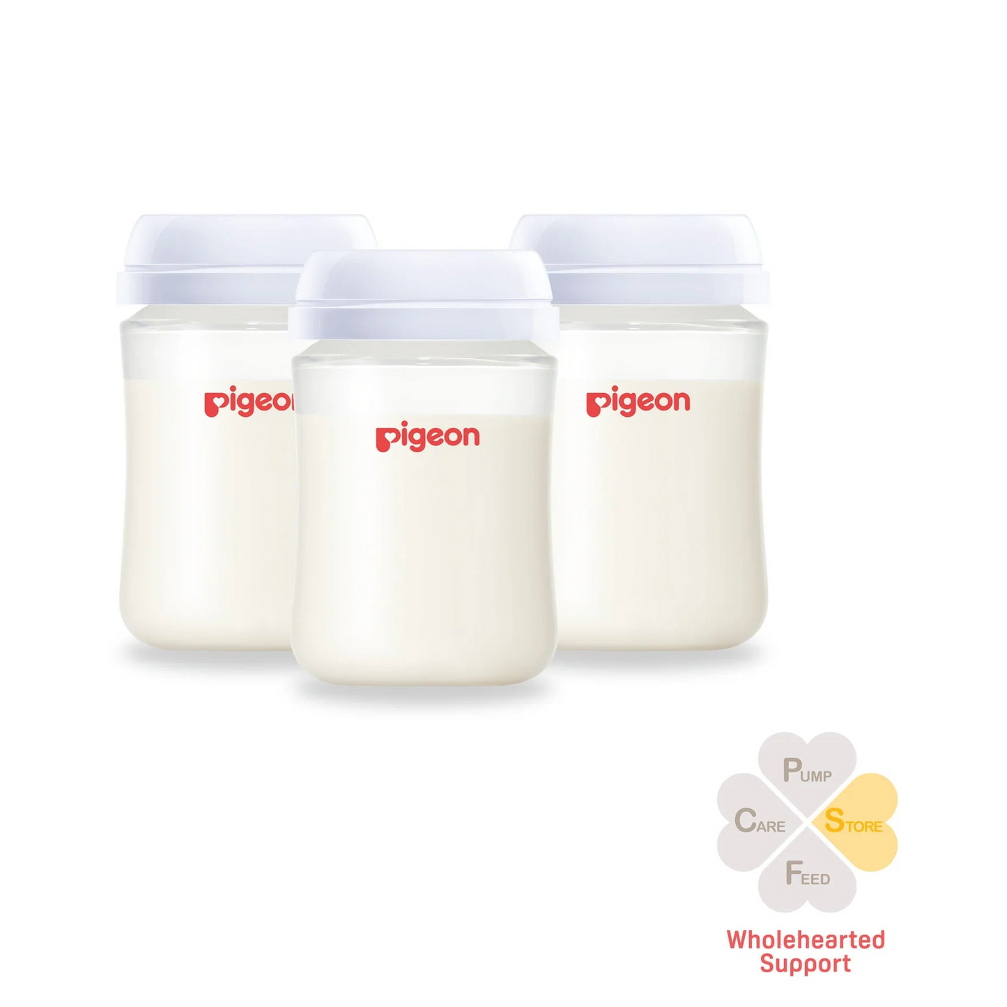 Three Pigeon baby bottles filled with milk, arranged in a row on a white background with the Pigeon logo in the top right and a support icon in the bottom right.