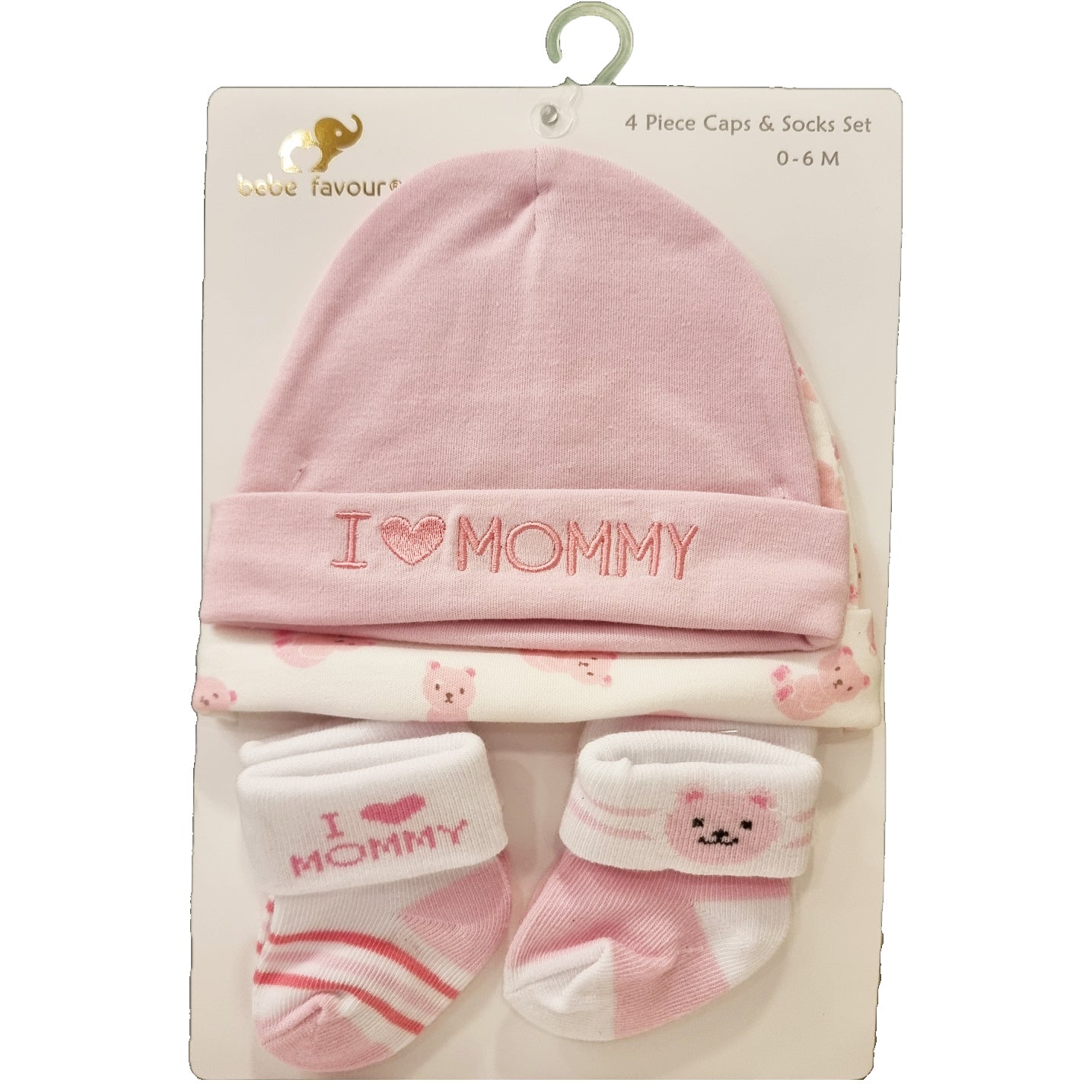 bebe favour 4 piece caps & socks set 0-6m