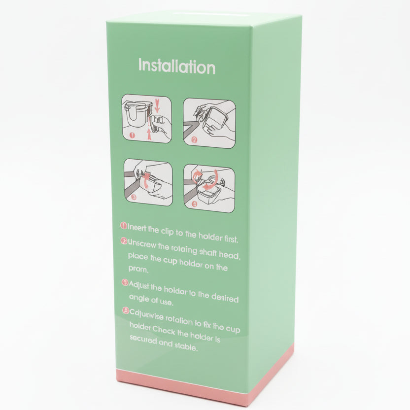 A close-up of a green instruction box for a Biddy Palace Stroller Cup N Snack Holder, showing installation steps with line drawings and text on a countertop.