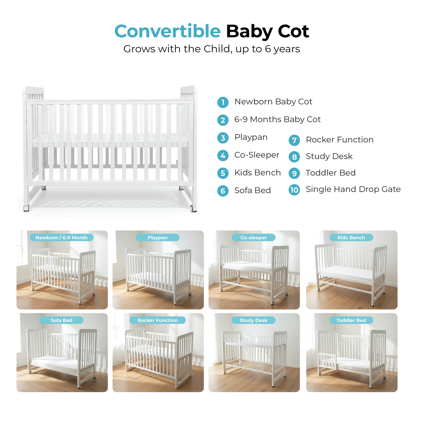 Palette Box Dreamer Plus 10-in-1 Convertible Baby Cot (with Rocking Function), Natural
