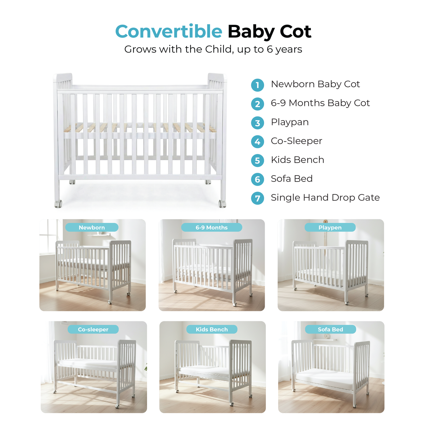Palette Box Dreamer 7-in-1 Convertible Baby Cot only , White