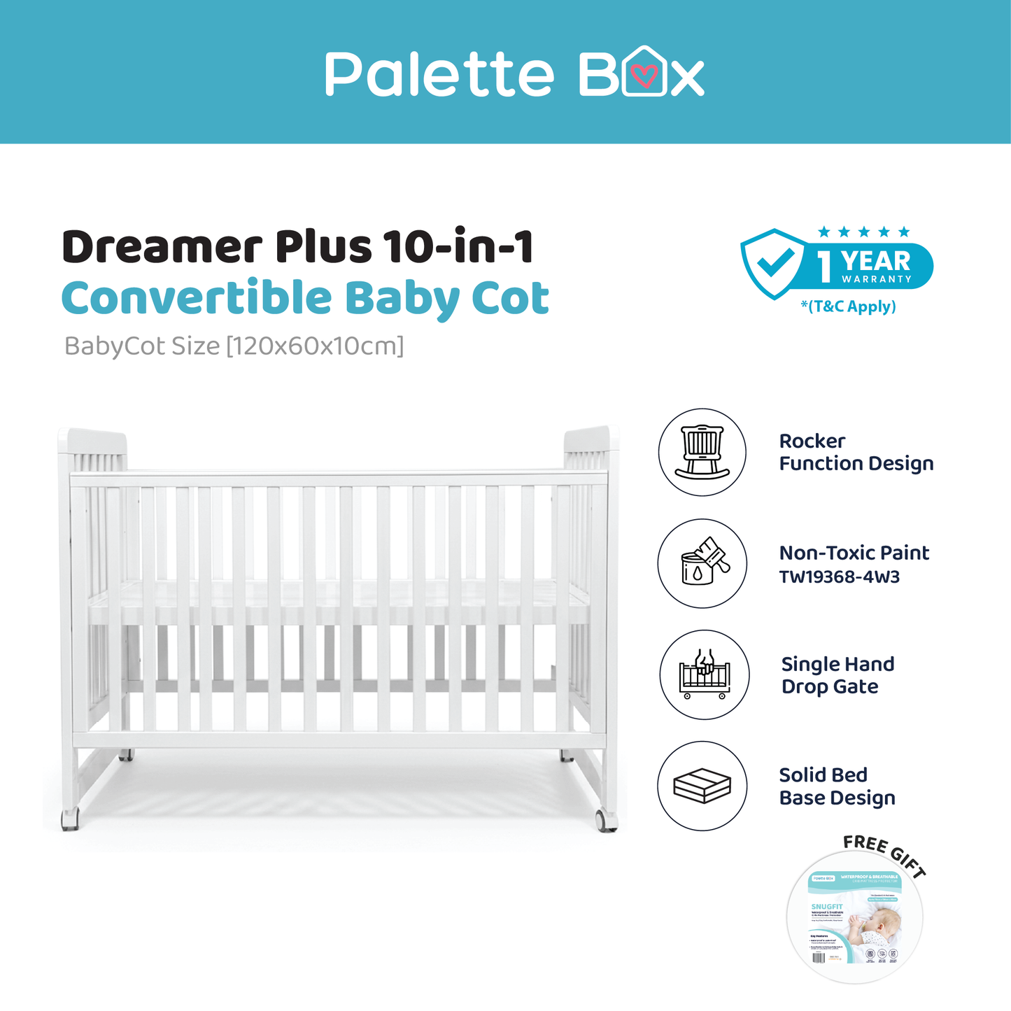 Palette Box Dreamer Plus 10-in-1 Convertible Baby Cot (with Rocking Function), Natural