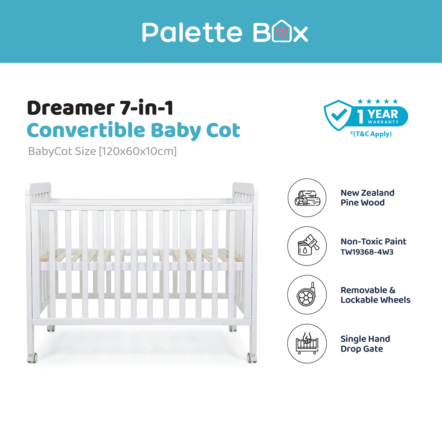 Palette Box Dreamer 7-in-1 Convertible Baby Cot only , White