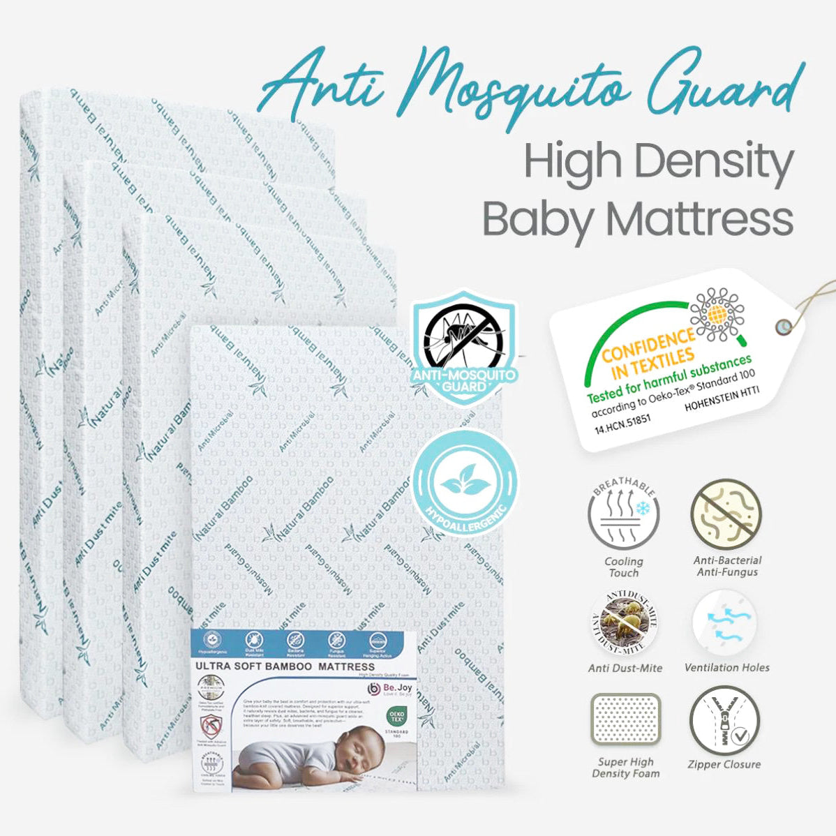 BeJoy Anti Mosquito Guard Baby HD Foam Mattress With Bamboo Cover 26” x 39” x 3”