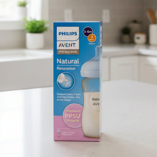 Philips Avent Natural Response PPSU baby bottle packaging, featuring a blue and pink design with a graphic of the 260ml baby bottle on the right side.