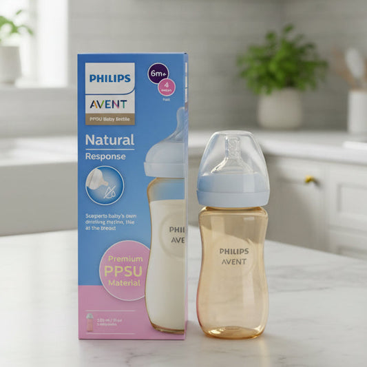 Philips Avent Natural Response Premium PPSU Baby Bottle packaging, featuring a blue and pink box with a graphic of a baby bottle on the right side.