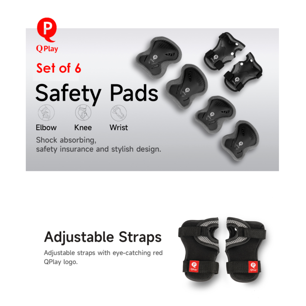 A promotional product graphic for a QPlay set of 6 safety pads, showing black elbow, knee, and wrist pads with adjustable straps on a light gray background. Text highlights shock absorption, safety insurance, stylish design, and adjustable straps with the red QPlay logo.