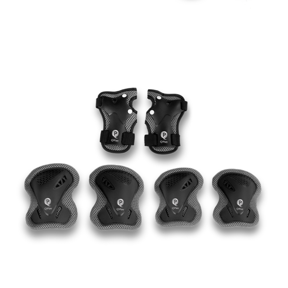 A set of black and gray protective sports gear, including two elbow pads and four knee pads, displayed on a white background with a black color swatch labeled 'Black' above them.
