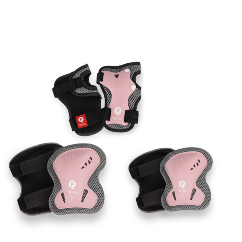 A set of coral pink and black protective pads, including elbow pads and a wrist strap, displayed on a clean white background with a 'Coral Pink' color swatch label at the top.