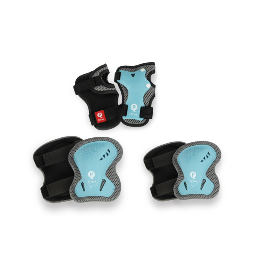 A set of kids' elbow pads and matching wrist guards in black and sky blue, shown on a white background with a 'Sky Blue' color swatch label above.