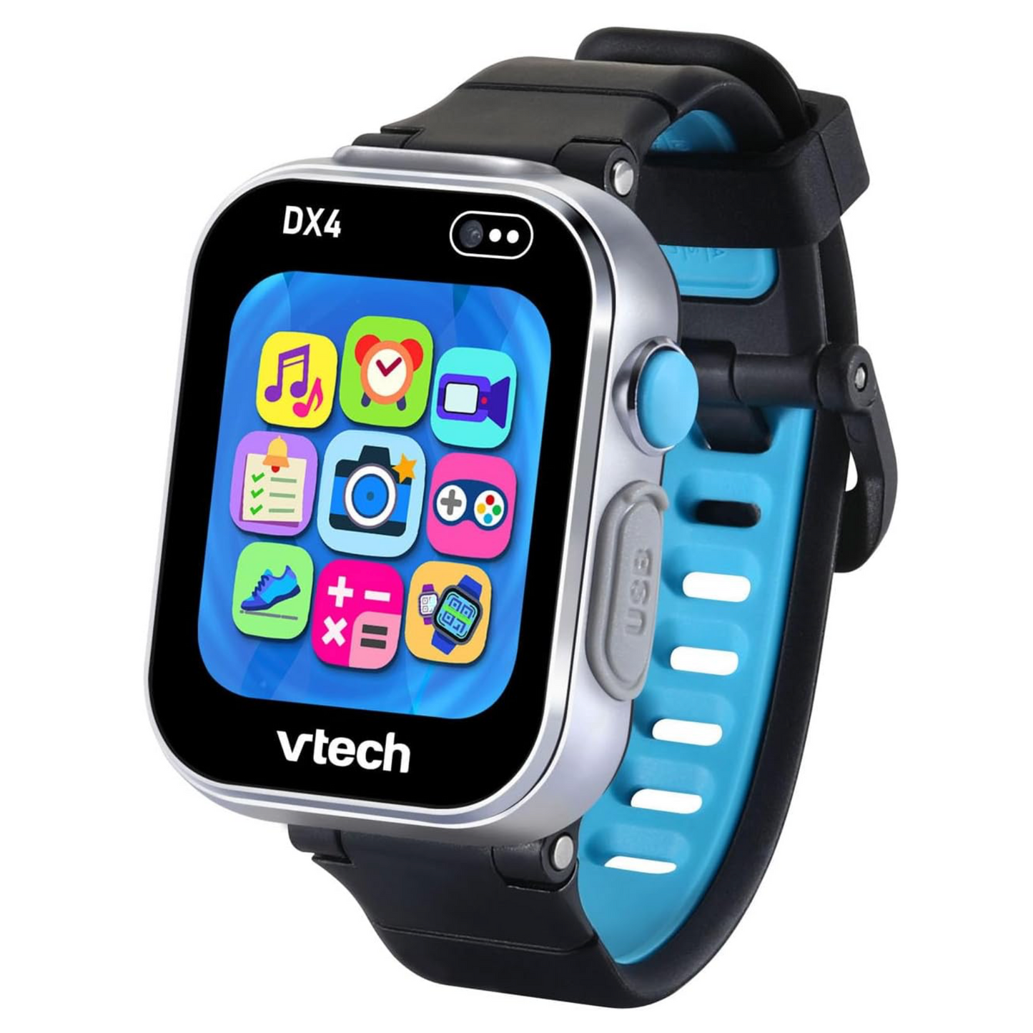 A VTech DX4 kids' smartwatch with a black and blue silicone strap, silver-toned metal case, and a colorful digital display showing various educational app icons, isolated on a white background.