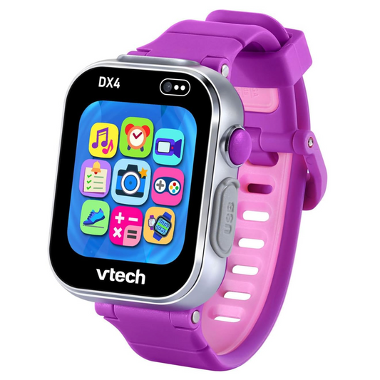 VTech DX4 kids' smartwatch with a purple and pink silicone strap, silver bezel, and a colorful screen displaying app icons, isolated on a white background.
