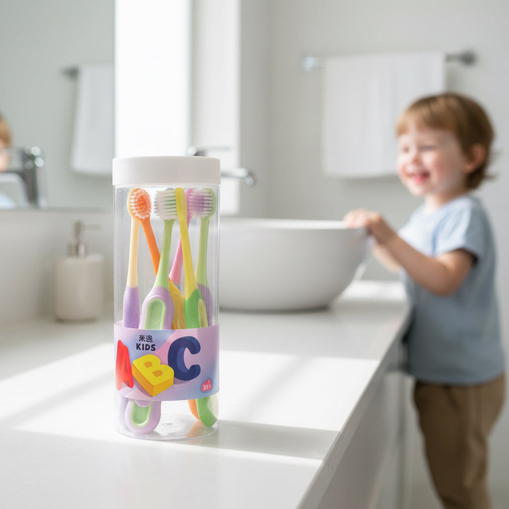 A hand holds a clear plastic cylindrical container of kids' toothbrushes on a dark wooden tabletop. The container has a white lid and a colorful label with the text 'ABC KIDS' and large letters A, B, and C.