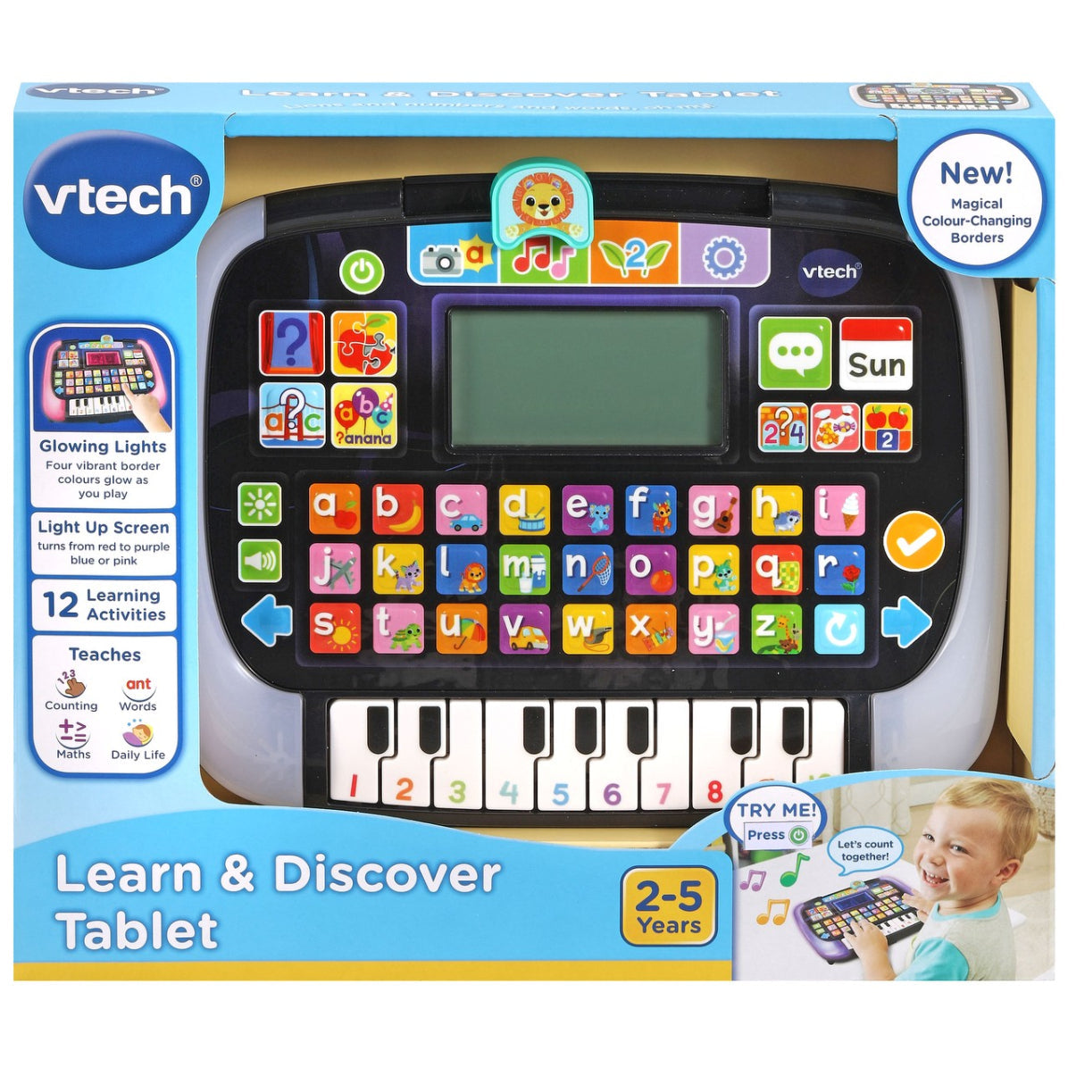 Vtech Learn & Discover Tablet packaging with toy and child on a white background