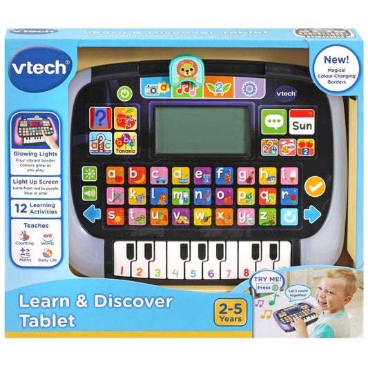 Vtech Learn & Discover Tablet packaging with toy and child on a white background