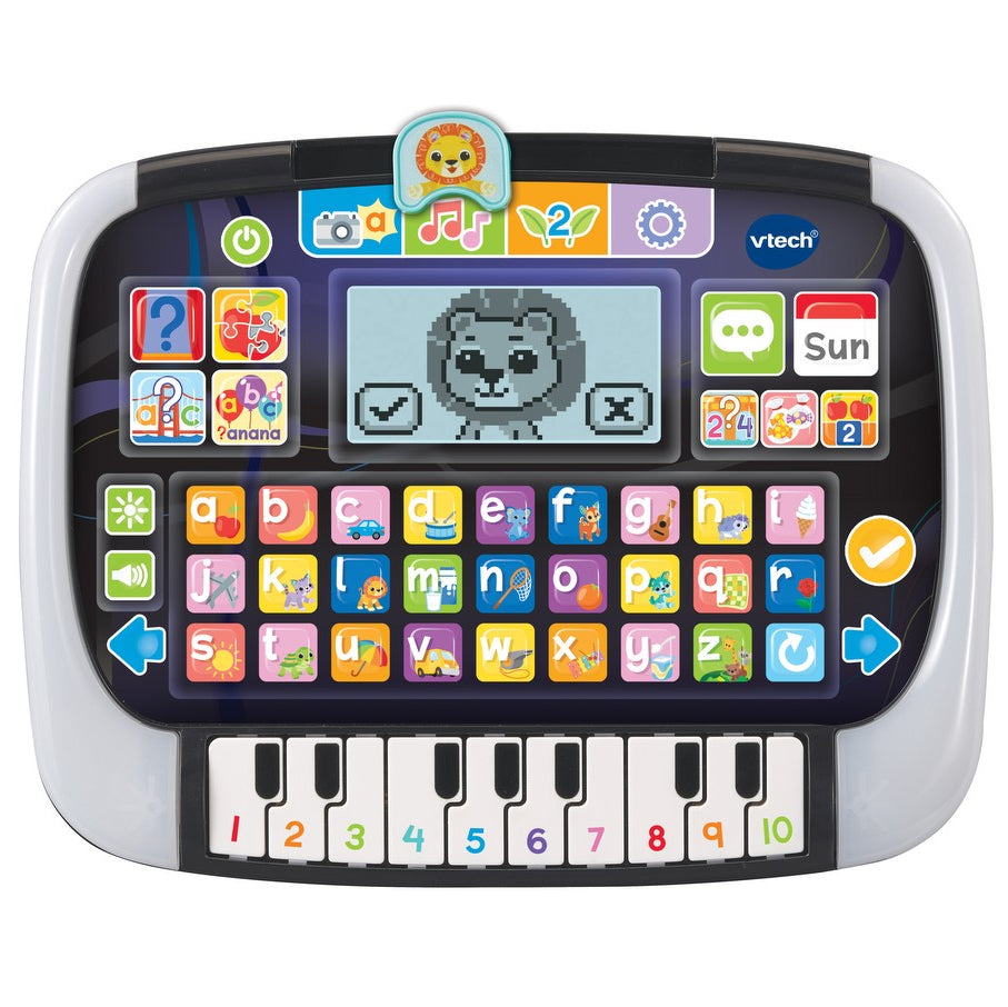 Children's toy keyboard with colorful keys and a screen displaying a cartoon character on a white background.