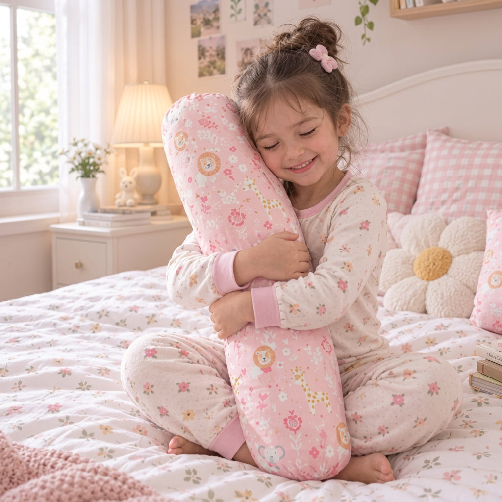 A young girl in pink floral pajamas sits on a bed hugging a large pink cylindrical pillow with a floral print. The room is softly lit with a bedside lamp and window in the background.