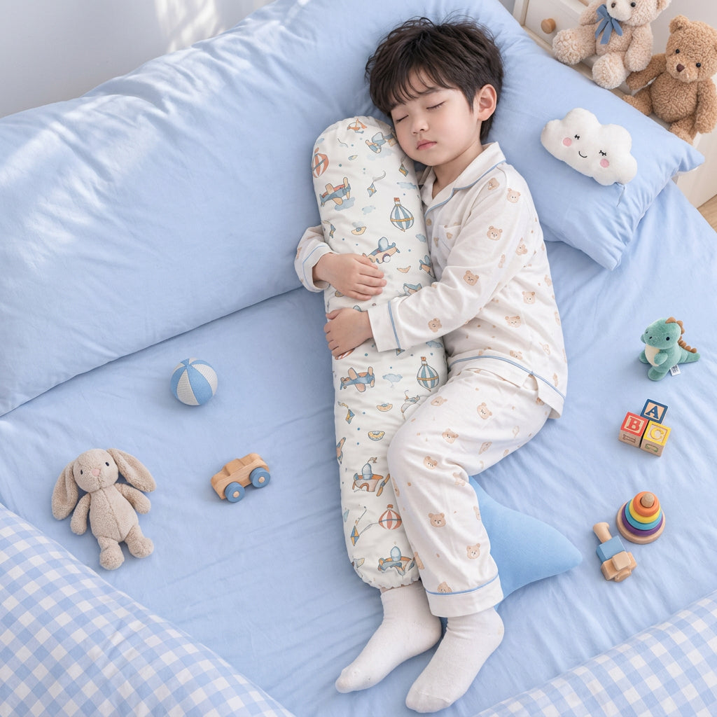 A young child sleeping peacefully on a light blue bed, wrapped in a long, cylindrical plush pillow with a cute cartoon unicorn pattern. The child is wearing cream pajamas with blue trim.
