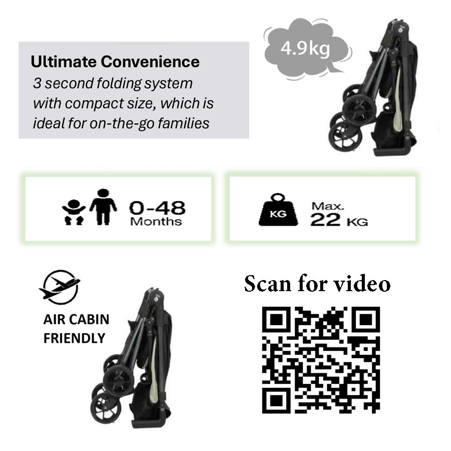 QPlay Mega Pro Cabin-sized Lightweight Baby Stroller (Grey) FOC Strolley Bag