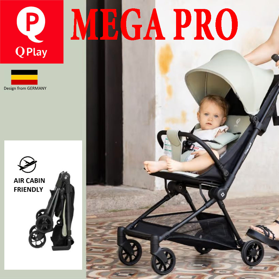 QPlay Mega Pro Cabin-sized Lightweight Baby Stroller (Grey) FOC Strolley Bag