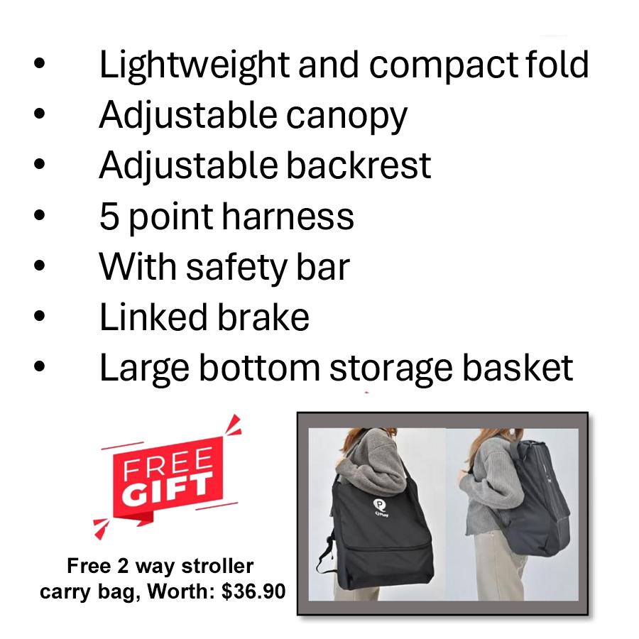 QPlay Mega Pro Cabin-sized Lightweight Baby Stroller (L/Blue) FOC Strolley carry Bag