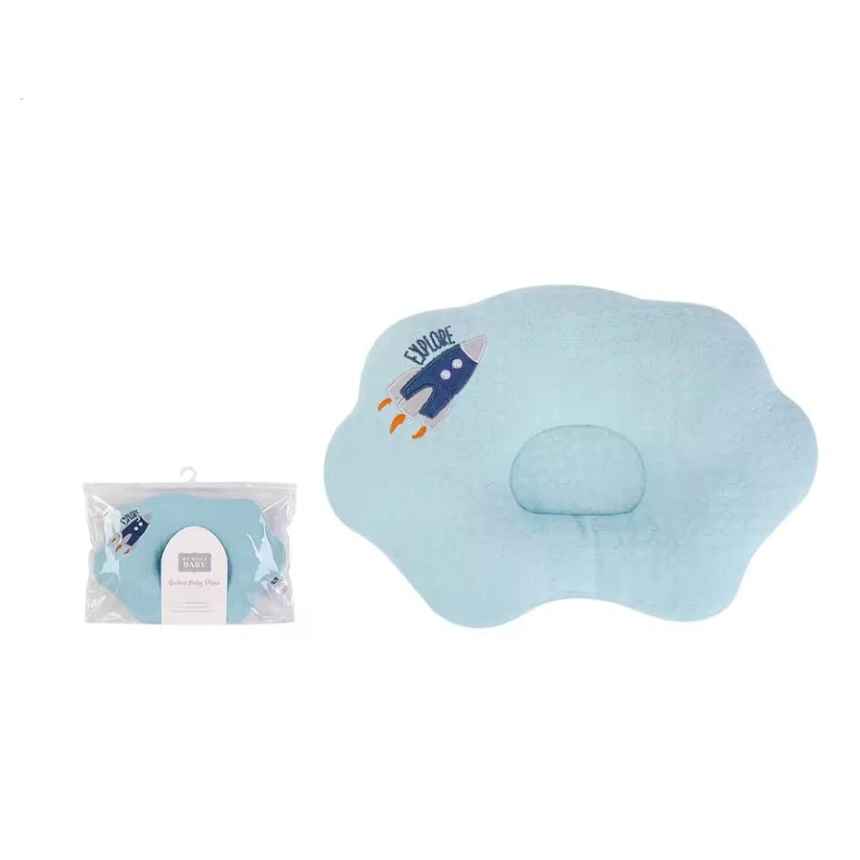 Hudson Baby cloud-shaped baby travel pillow in light blue with a rocket design, shown next to its packaging on a white background with a 'Find Similar' QR code banner at the bottom.