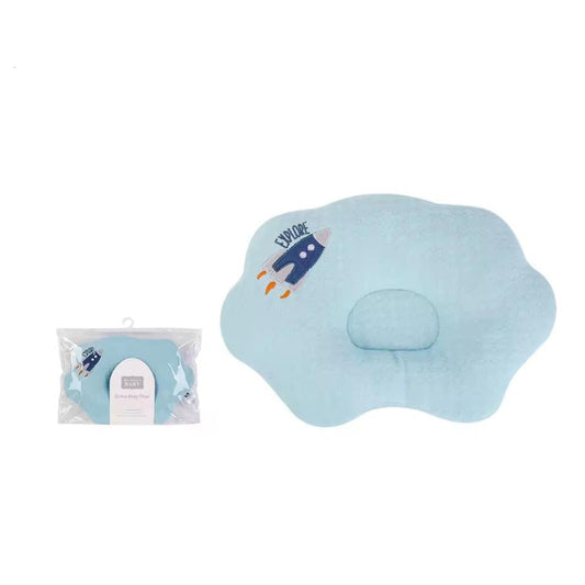 Hudson Baby cloud-shaped baby travel pillow in light blue with a rocket design, shown next to its packaging on a white background with a 'Find Similar' QR code banner at the bottom.