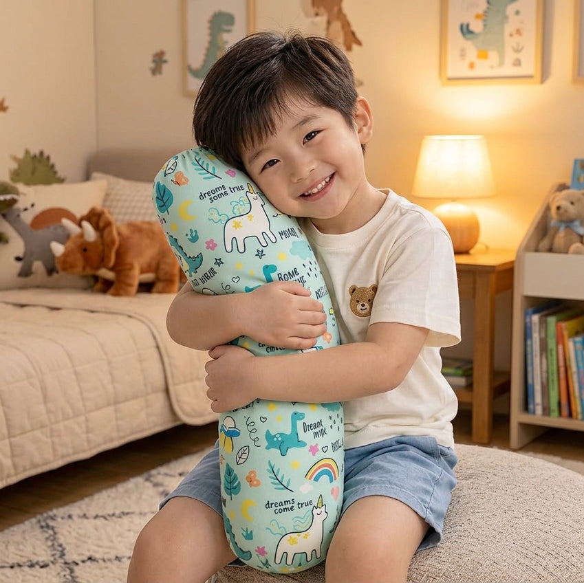 A young boy smiling and hugging a long, cylindrical plush pillow with a colorful dinosaur and unicorn pattern, set in a cozy, warmly lit children's bedroom.